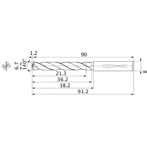 MMS0670X3DB DP7020 6.7 mm Dia. × 8 mm Shank × 36.2 mm Flute Length × 91.2 mm OAL, 140°, 2 Flute, Coolant Thru, Solid Carbide Drill