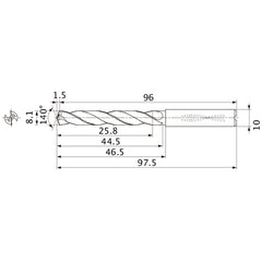 MMS0810X3DB DP7020 8.1 mm Dia. × 10 mm Shank × 44.5 mm Flute Length × 97.5 mm OAL, 140°, 2 Flute, Coolant Thru, Solid Carbide Drill