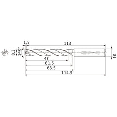 MMS0830X5DB DP7020 8.3 mm Dia. × 10 mm Shank × 61.5 mm Flute Length × 114.5 mm OAL, 140°, 2 Flute, Coolant Thru, Solid Carbide Drill
