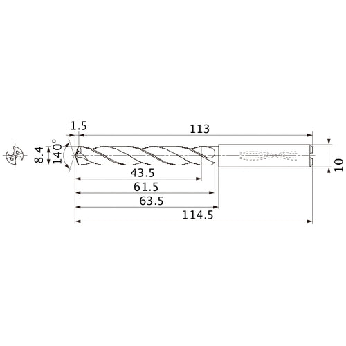 MMS0840X5DB DP7020 8.4 mm Dia. × 10 mm Shank × 61.5 mm Flute Length × 114.5 mm OAL, 140°, 2 Flute, Coolant Thru, Solid Carbide Drill