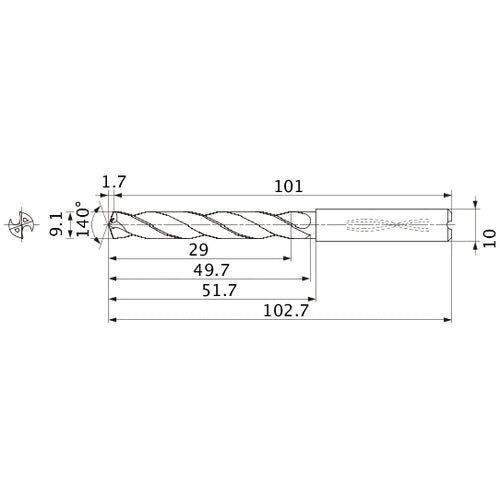 MMS0910X3DB DP7020 9.1 mm Dia. × 10 mm Shank × 49.7 mm Flute Length × 102.7 mm OAL, 140°, 2 Flute, Coolant Thru, Solid Carbide Drill