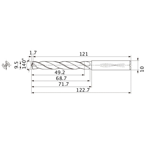 MMS0950X5DB DP7020 9.5 mm Dia. × 10 mm Shank × 68.7 mm Flute Length × 122.7 mm OAL, 140°, 2 Flute, Coolant Thru, Solid Carbide Drill