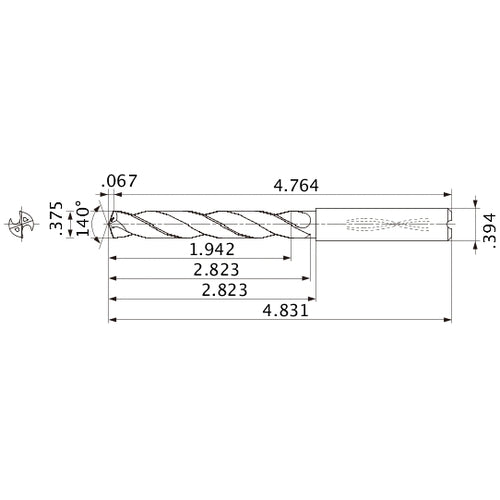 MMS0953X5D100 DP7020 3/8″ Dia. × 0.394″ Shank × 2.823″ Flute Length × 4.831″ OAL, 140°, 2 Flute, Coolant Thru, Solid Carbide Drill