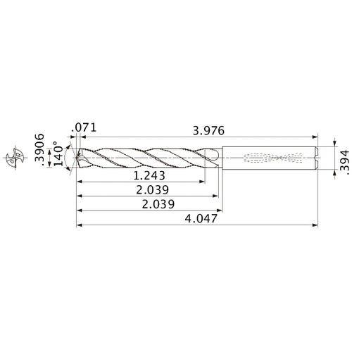 MMS0992X3D100 DP7020 0.3906″ Dia. × 0.394″ Shank × 2.039″ Flute Length × 4.047″ OAL, 140°, 2 Flute, Coolant Thru, Solid Carbide Drill