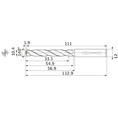MMS1040X3DB DP7020 10.4 mm Dia. × 12 mm Shank × 54.9 mm Flute Length × 112.9 mm OAL, 140°, 2 Flute, Coolant Thru, Solid Carbide Drill