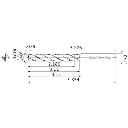 MMS1072X5D120 DP7020 0.4219″ Dia. × 0.472″ Shank × 3.11″ Flute Length × 5.354″ OAL, 140°, 2 Flute, Coolant Thru, Solid Carbide Drill