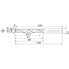 MMS1090X3DB DP7020 10.9 mm Dia. × 12 mm Shank × 57 mm Flute Length × 118 mm OAL, 140°, 2 Flute, Coolant Thru, Solid Carbide Drill