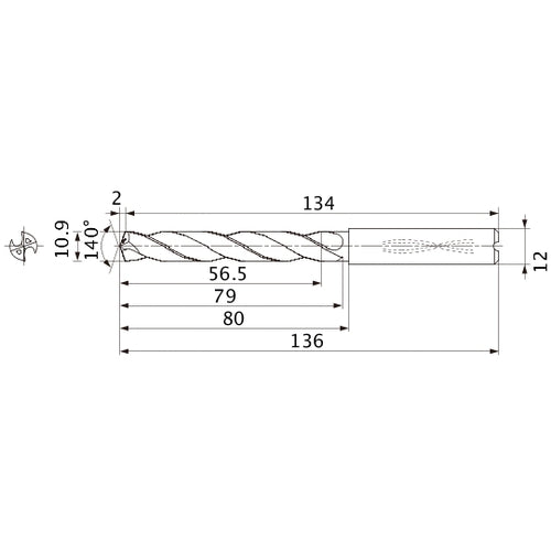 MMS1090X5DB DP7020 10.9 mm Dia. × 12 mm Shank × 79 mm Flute Length × 136 mm OAL, 140°, 2 Flute, Coolant Thru, Solid Carbide Drill