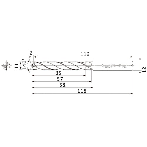 MMS1100X3DB DP7020 11 mm Dia. × 12 mm Shank × 57 mm Flute Length × 118 mm OAL, 140°, 2 Flute, Coolant Thru, Solid Carbide Drill