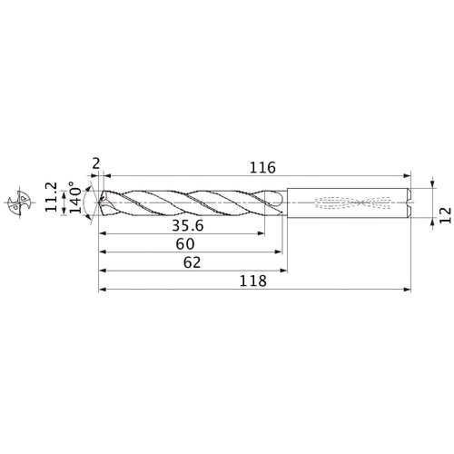 MMS1120X3DB DP7020 11.2 mm Dia. × 12 mm Shank × 60 mm Flute Length × 118 mm OAL, 140°, 2 Flute, Coolant Thru, Solid Carbide Drill