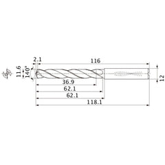 MMS1160X3DB DP7020 11.6 mm Dia. × 12 mm Shank × 62.1 mm Flute Length × 118.1 mm OAL, 140°, 2 Flute, Coolant Thru, Solid Carbide Drill