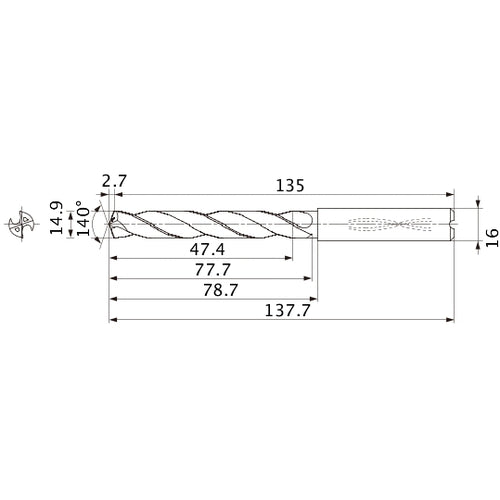 MMS1490X3DB DP7020 14.9 mm Dia. × 16 mm Shank × 77.7 mm Flute Length × 137.7 mm OAL, 140°, 2 Flute, Coolant Thru, Solid Carbide Drill