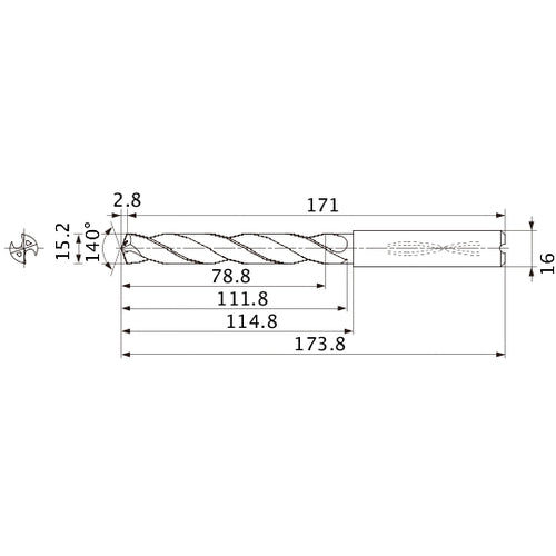MMS1520X5DB DP7020 15.2 mm Dia. × 16 mm Shank × 111.8 mm Flute Length × 173.8 mm OAL, 140°, 2 Flute, Coolant Thru, Solid Carbide Drill