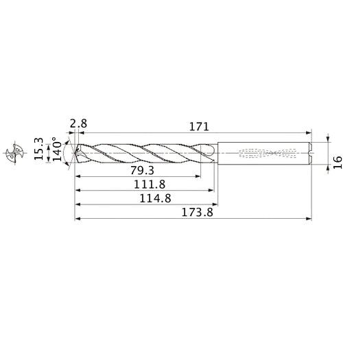 MMS1530X5DB DP7020 15.3 mm Dia. × 16 mm Shank × 111.8 mm Flute Length × 173.8 mm OAL, 140°, 2 Flute, Coolant Thru, Solid Carbide Drill