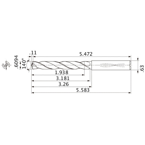 MMS1548X3D160 DP7020 0.6094″ Dia. × 0.63″ Shank × 3.181″ Flute Length × 5.583″ OAL, 140°, 2 Flute, Coolant Thru, Solid Carbide Drill