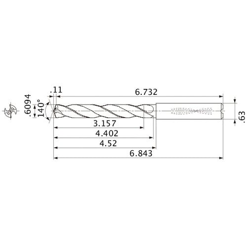 MMS1548X5D160 DP7020 0.6094″ Dia. × 0.63″ Shank × 4.402″ Flute Length × 6.843″ OAL, 140°, 2 Flute, Coolant Thru, Solid Carbide Drill
