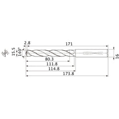 MMS1550X5DB DP7020 15.5 mm Dia. × 16 mm Shank × 111.8 mm Flute Length × 173.8 mm OAL, 140°, 2 Flute, Coolant Thru, Solid Carbide Drill