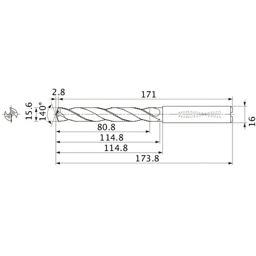 MMS1560X5DB DP7020 15.6 mm Dia. × 16 mm Shank × 114.8 mm Flute Length × 173.8 mm OAL, 140°, 2 Flute, Coolant Thru, Solid Carbide Drill