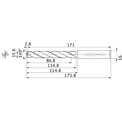 MMS1560X5DB DP7020 15.6 mm Dia. × 16 mm Shank × 114.8 mm Flute Length × 173.8 mm OAL, 140°, 2 Flute, Coolant Thru, Solid Carbide Drill