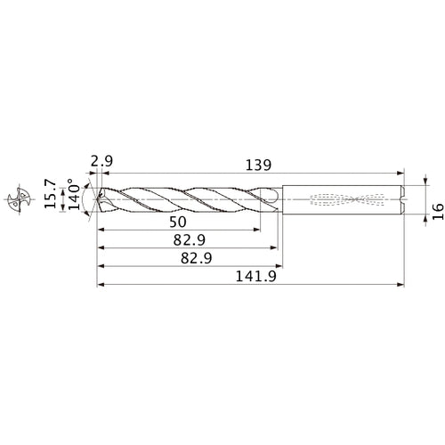 MMS1570X3DB DP7020 15.7 mm Dia. × 16 mm Shank × 82.9 mm Flute Length × 141.9 mm OAL, 140°, 2 Flute, Coolant Thru, Solid Carbide Drill