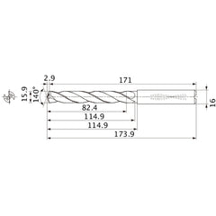 MMS1590X5DB DP7020 15.9 mm Dia. × 16 mm Shank × 114.9 mm Flute Length × 173.9 mm OAL, 140°, 2 Flute, Coolant Thru, Solid Carbide Drill