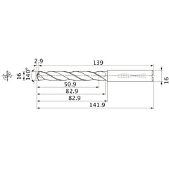MMS1600X3DB DP7020 16 mm Dia. × 16 mm Shank × 82.9 mm Flute Length × 141.9 mm OAL, 140°, 2 Flute, Coolant Thru, Solid Carbide Drill
