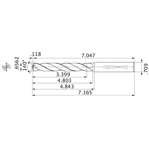 MMS1667X5D180 DP7020 0.6562″ Dia. × 0.709″ Shank × 4.803″ Flute Length × 7.165″ OAL, 140°, 2 Flute, Coolant Thru, Solid Carbide Drill