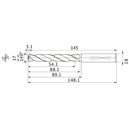 MMS1700X3DB DP7020 17 mm Dia. × 18 mm Shank × 88.1 mm Flute Length × 148.1 mm OAL, 140°, 2 Flute, Coolant Thru, Solid Carbide Drill