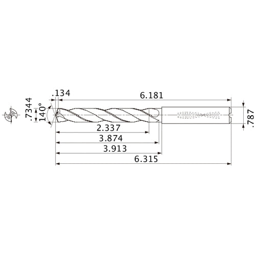 MMS1865X3D200 DP7020 0.7344″ Dia. × 0.787″ Shank × 3.874″ Flute Length × 6.315″ OAL, 140°, 2 Flute, Coolant Thru, Solid Carbide Drill