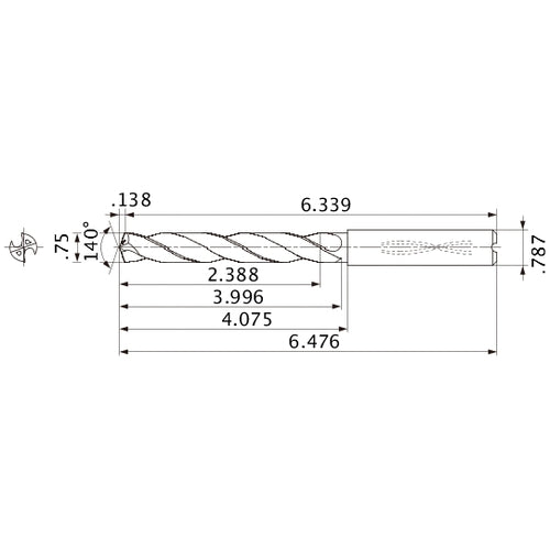 MMS1905X3D200 DP7020 3/4″ Dia. × 0.787″ Shank × 3.996″ Flute Length × 6.476″ OAL, 140°, 2 Flute, Coolant Thru, Solid Carbide Drill