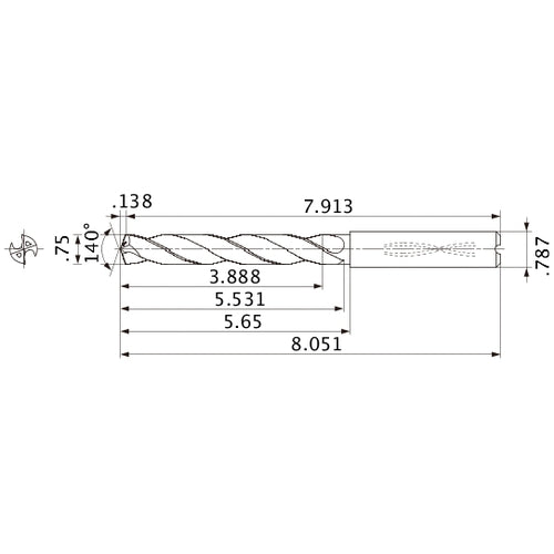 MMS1905X5D200 DP7020 3/4″ Dia. × 0.787″ Shank × 5.531″ Flute Length × 8.051″ OAL, 140°, 2 Flute, Coolant Thru, Solid Carbide Drill
