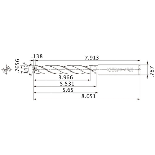 MMS1945X5D200 DP7020 0.7656″ Dia. × 0.787″ Shank × 5.531″ Flute Length × 8.051″ OAL, 140°, 2 Flute, Coolant Thru, Solid Carbide Drill