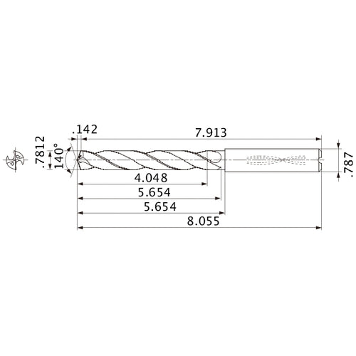 MMS1984X5D200 DP7020 0.7812″ Dia. × 0.787″ Shank × 5.654″ Flute Length × 8.055″ OAL, 140°, 2 Flute, Coolant Thru, Solid Carbide Drill