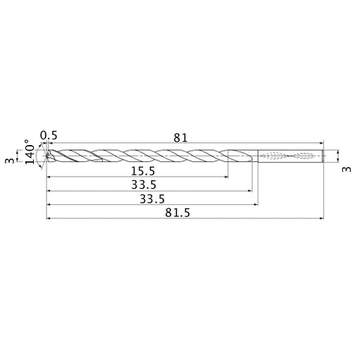 MNS0300LB TF15 3 mm Dia. × 3 mm Shank × 33.5 mm Flute Length × 81.5 mm OAL, 140°, 2 Flute, Coolant Thru, Solid Carbide Drill