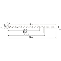 MNS0300LB TF15 3 mm Dia. × 3 mm Shank × 33.5 mm Flute Length × 81.5 mm OAL, 140°, 2 Flute, Coolant Thru, Solid Carbide Drill