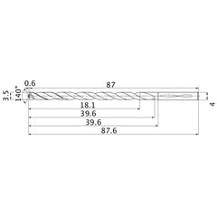 MNS0350LB TF15 3.5 mm Dia. × 4 mm Shank × 39.6 mm Flute Length × 87.6 mm OAL, 140°, 2 Flute, Coolant Thru, Solid Carbide Drill