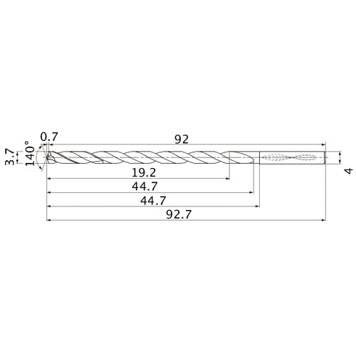 MNS0370LB TF15 3.7 mm Dia. × 4 mm Shank × 44.7 mm Flute Length × 92.7 mm OAL, 140°, 2 Flute, Coolant Thru, Solid Carbide Drill