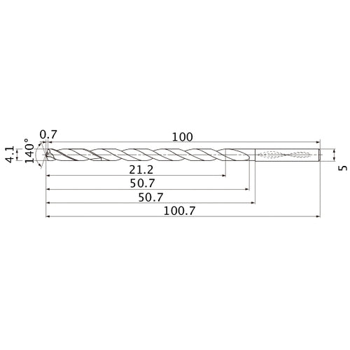 MNS0410LB TF15 4.1 mm Dia. × 5 mm Shank × 50.7 mm Flute Length × 100.7 mm OAL, 140°, 2 Flute, Coolant Thru, Solid Carbide Drill