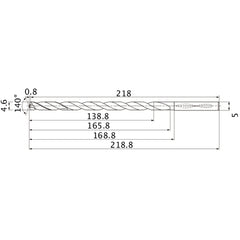 MNS0460X30DB TF15 4.6 mm Dia. × 5 mm Shank × 165.8 mm Flute Length × 218.8 mm OAL, 140°, 2 Flute, Coolant Thru, Solid Carbide Drill