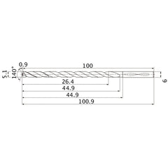 MNS0510LB TF15 5.1 mm Dia. × 6 mm Shank × 44.9 mm Flute Length × 100.9 mm OAL, 140°, 2 Flute, Coolant Thru, Solid Carbide Drill