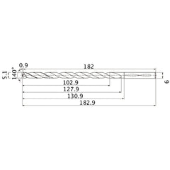 MNS0510X20DB TF15 5.1 mm Dia. × 6 mm Shank × 127.9 mm Flute Length × 182.9 mm OAL, 140°, 2 Flute, Coolant Thru, Solid Carbide Drill
