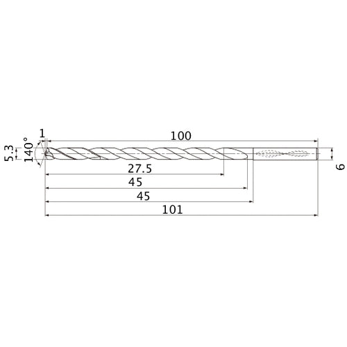 MNS0530LB TF15 5.3 mm Dia. × 6 mm Shank × 45 mm Flute Length × 101 mm OAL, 140°, 2 Flute, Coolant Thru, Solid Carbide Drill