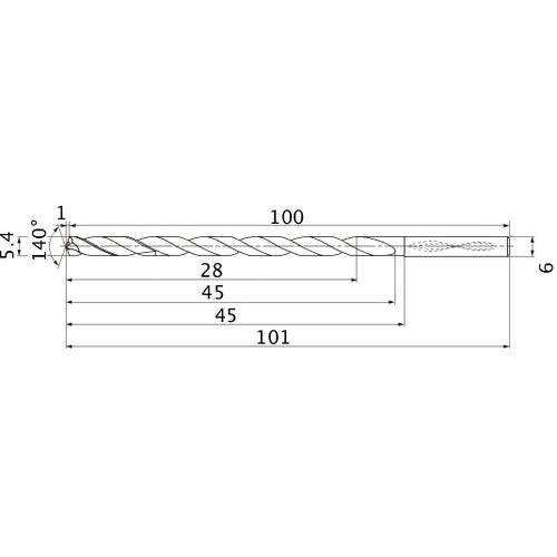 MNS0540LB TF15 5.4 mm Dia. × 6 mm Shank × 45 mm Flute Length × 101 mm OAL, 140°, 2 Flute, Coolant Thru, Solid Carbide Drill