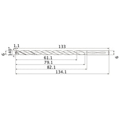 MNS0600X10DB TF15 6 mm Dia. × 6 mm Shank × 79.1 mm Flute Length × 134.1 mm OAL, 140°, 2 Flute, Coolant Thru, Solid Carbide Drill