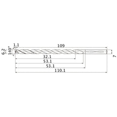 MNS0620LB TF15 6.2 mm Dia. × 7 mm Shank × 53.1 mm Flute Length × 110.1 mm OAL, 140°, 2 Flute, Coolant Thru, Solid Carbide Drill