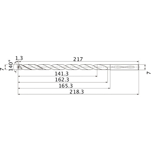 MNS0700X20DB TF15 7 mm Dia. × 7 mm Shank × 162.3 mm Flute Length × 218.3 mm OAL, 140°, 2 Flute, Coolant Thru, Solid Carbide Drill