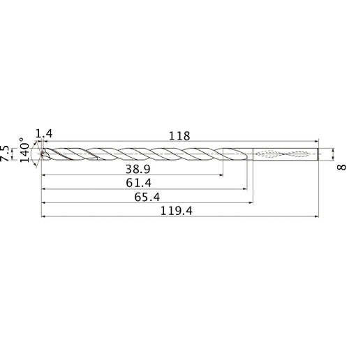 MNS0750LB TF15 7.5 mm Dia. × 8 mm Shank × 61.4 mm Flute Length × 119.4 mm OAL, 140°, 2 Flute, Coolant Thru, Solid Carbide Drill