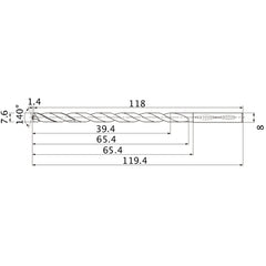 MNS0760LB TF15 7.6 mm Dia. × 8 mm Shank × 65.4 mm Flute Length × 119.4 mm OAL, 140°, 2 Flute, Coolant Thru, Solid Carbide Drill
