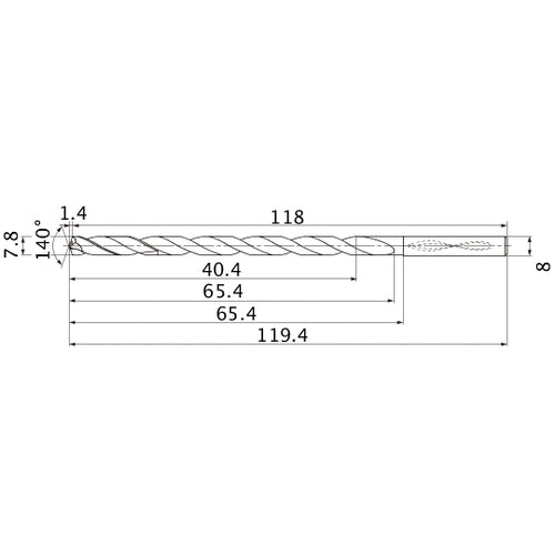 MNS0780LB TF15 7.8 mm Dia. × 8 mm Shank × 65.4 mm Flute Length × 119.4 mm OAL, 140°, 2 Flute, Coolant Thru, Solid Carbide Drill