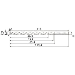 MNS0790LB TF15 7.9 mm Dia. × 8 mm Shank × 65.4 mm Flute Length × 119.4 mm OAL, 140°, 2 Flute, Coolant Thru, Solid Carbide Drill